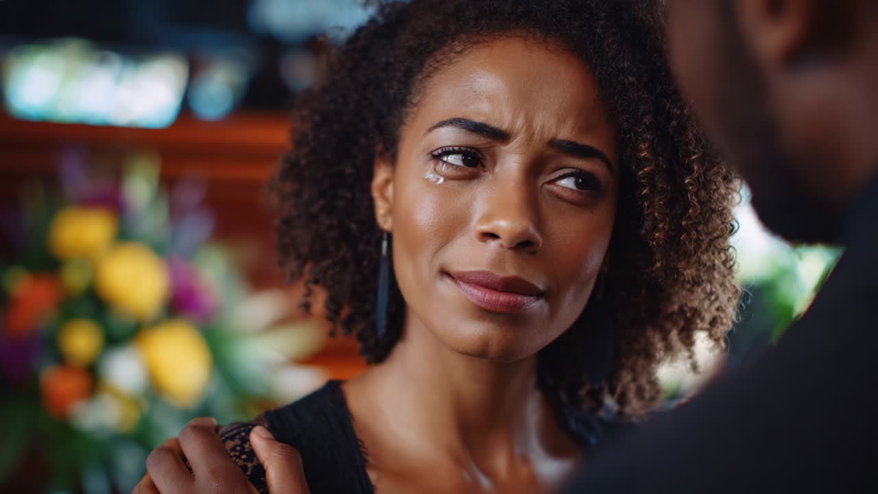 A Woman's Emotional Journey: Capturing the Raw Expressions of Loss, Heartache, and Connection in a Moment of Intense Interaction, Set Against a Beautiful Floral Background Full of Life and Color