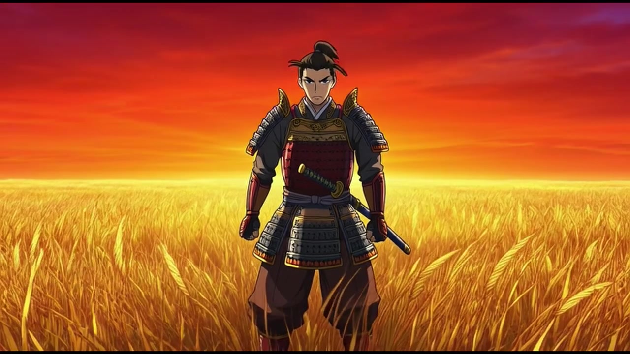 Samurai anime in piedi in un campo di grano dorato al tramonto