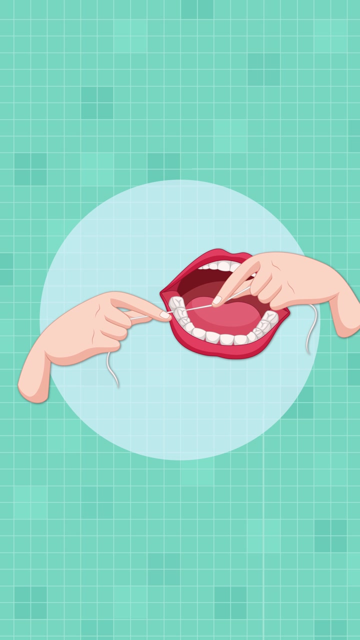 Un'animazione vettoriale mostra mani che passano il filo interdentale tra i denti inferiori in una bocca aperta, usando movimenti fluidi e ripetitivi su uno sfondo a griglia color verde acqua con illuminazione piatta.