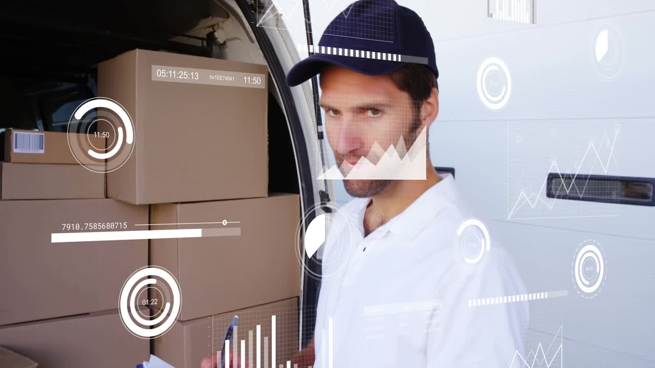 Delivery worker writing on clipboard, starting HUD overlays with charts and gauges, verifying cargo