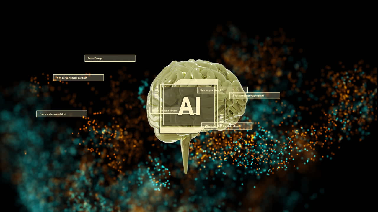 Animation of digital brain with ai text over light spots