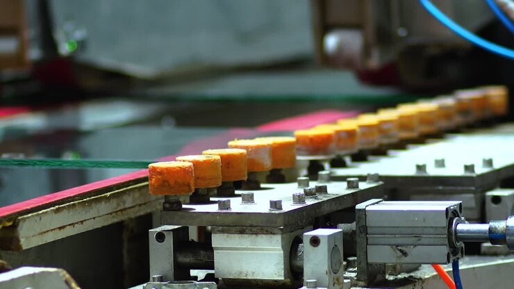 Close up of the process of polishing and grinding glass through polishing machine, at glass manufacturing industry