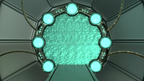 iron hatch opens panoramic view to the spaceship landscape scene. 3d abstract background of sci-fi corridor with portal. futuristic technology abstract vj for tech titles and background.
