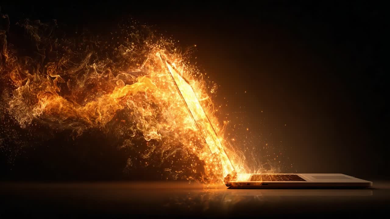 Explosive Visualization of Energy Erupting from an Open Laptop, Showcasing a Mesmerizing Burst of Fire and Light That Captivates the Viewer