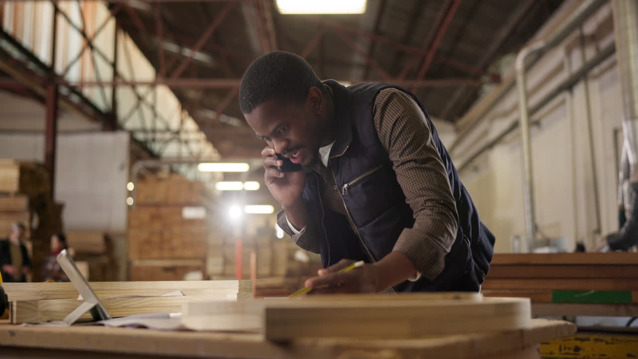 Carpenter on phone call in woodworking warehouse
