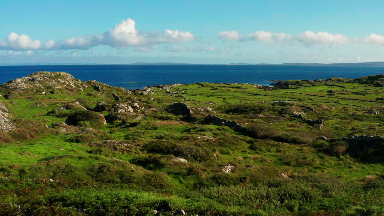 Aerial drone footage of Connemara's lush greenery, the Atlantic Ocean, and the Burren, descending to a house entrance in Galway, Ireland