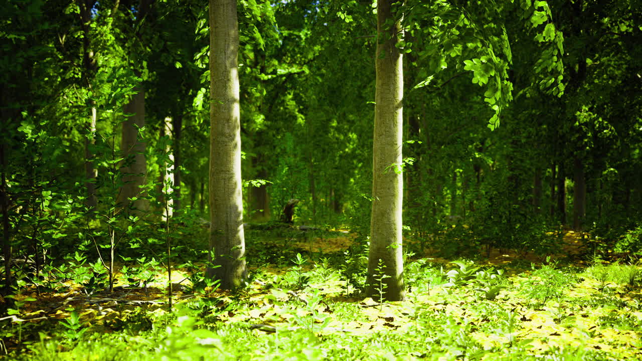 빛은 평화로운 길 근처의 밝은 날에 울창한 숲을 통해 필터링
