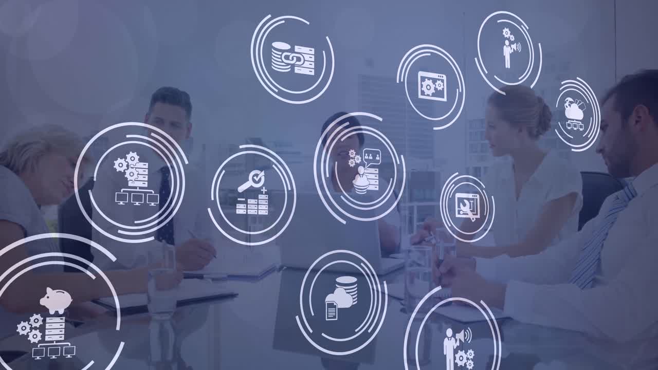 animación de iconos de la tecnología sobre diversos empresarios en la oficina