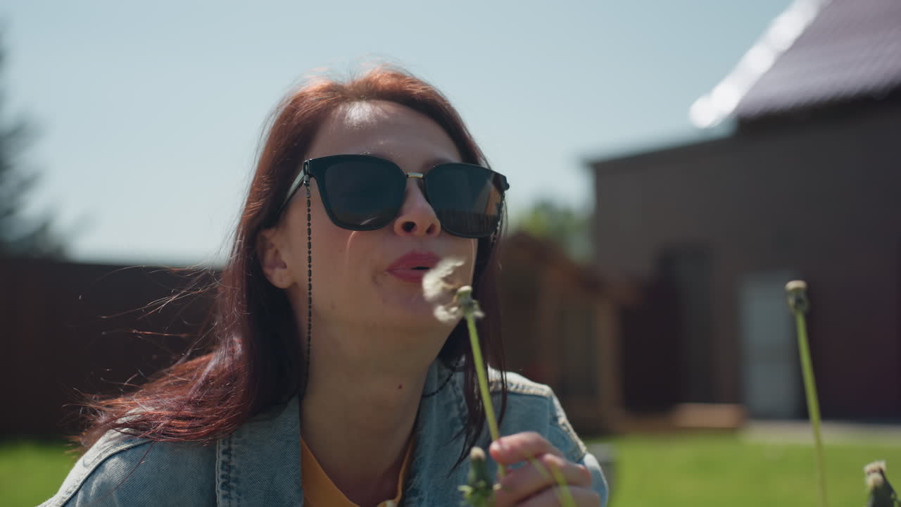 Close up of delicate dandelion with white cotton seeds ready to disperse, with woman bending in background preparing to blow on it, set in sunny green backyard with house and garden in soft blur