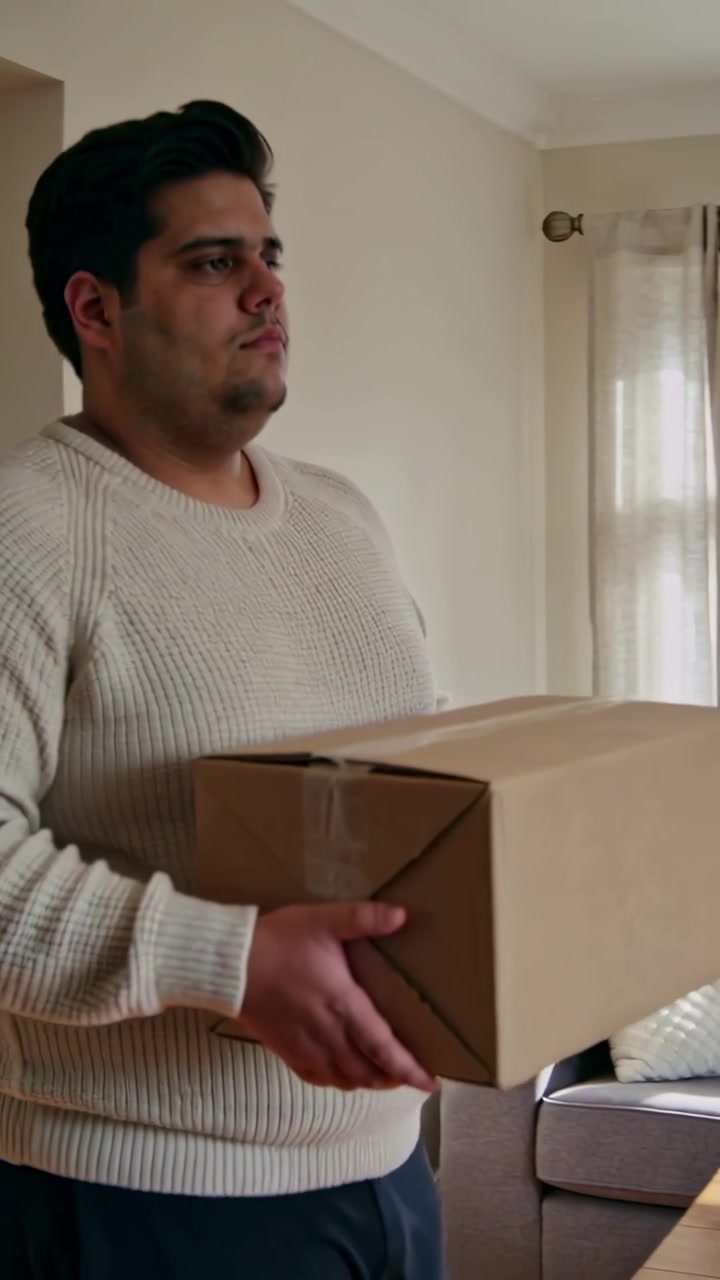 Video verticale: Un uomo con un maglione color crema che entra a casa portando una scatola sigillata, scansionando il divano e la finestra