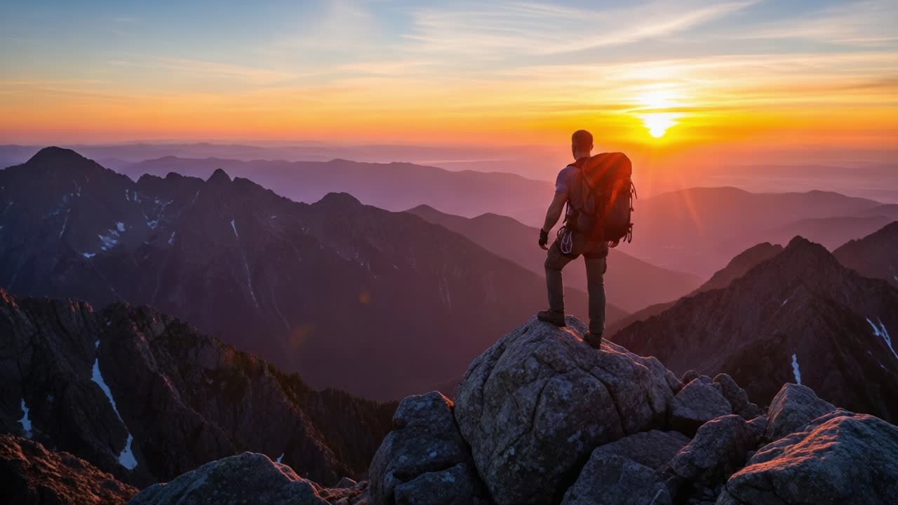 A Solo Hiker on the Summit at Dawn: Witnessing the Breathtaking Beauty of Mountains as the Sun Rises, Illuminating the Scenic Landscape in Vibrant Colors
