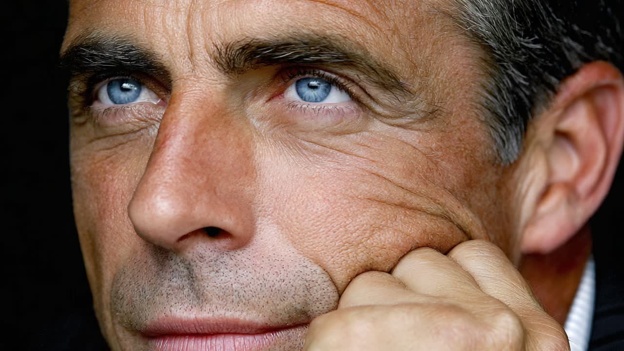 An Introspective Moment: Deep Blue Eyes Captured in Thoughtful Contemplation, Exemplifying Calmness, Strength, and Emotional Depth in a Close-Up Portrait