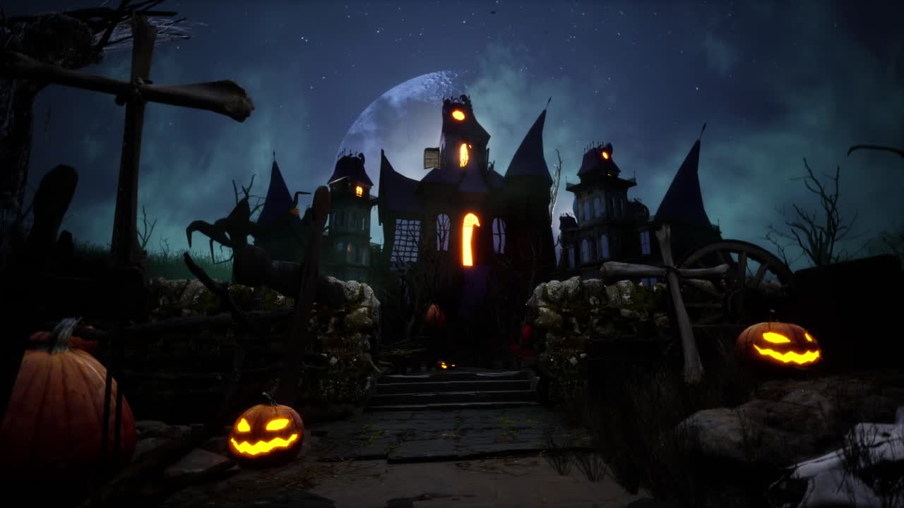 박와 호박을 가진 할로윈 유령의 집, 무서운 달 아래 영화 비디오 애니메이션 배경