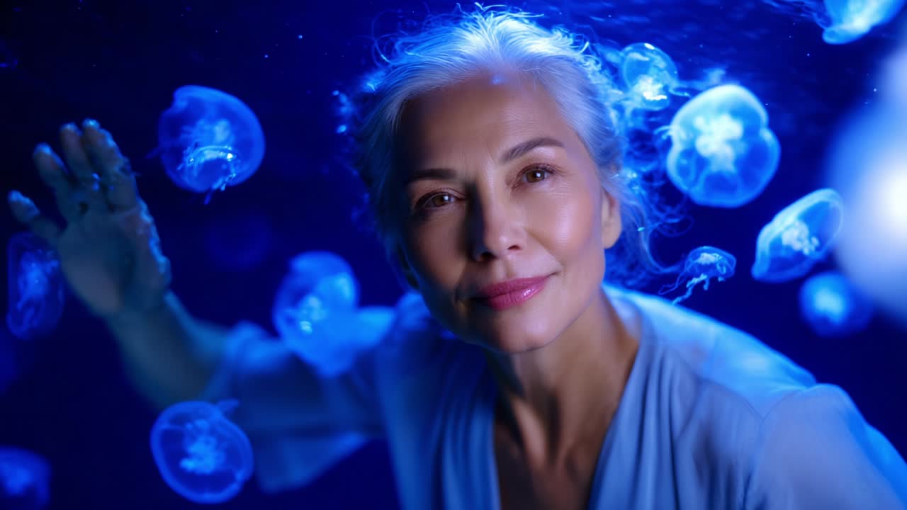 A serene woman gazes into a mesmerizing underwater world filled with glowing jellyfish, reflecting tranquility and the beauty of marine life, showcasing the harmony between humanity and nature in an enchanting blue ambiance