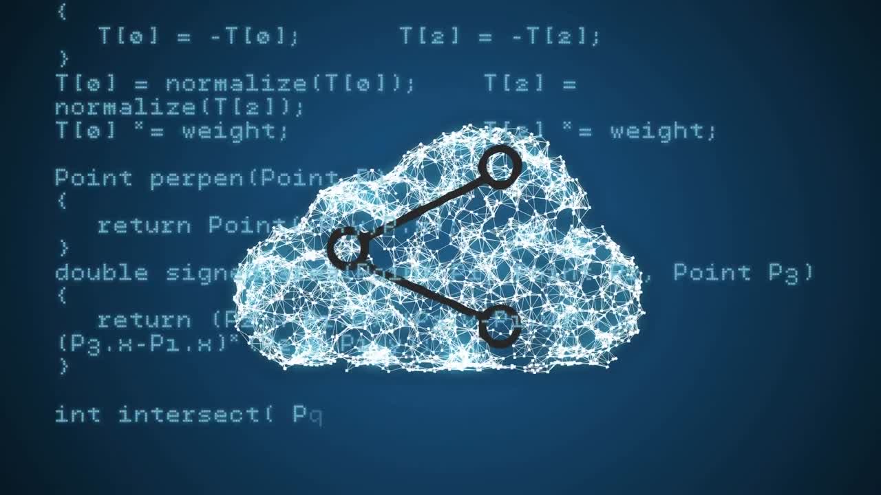 Animation of data processing over digital cloud and share icon on blue background