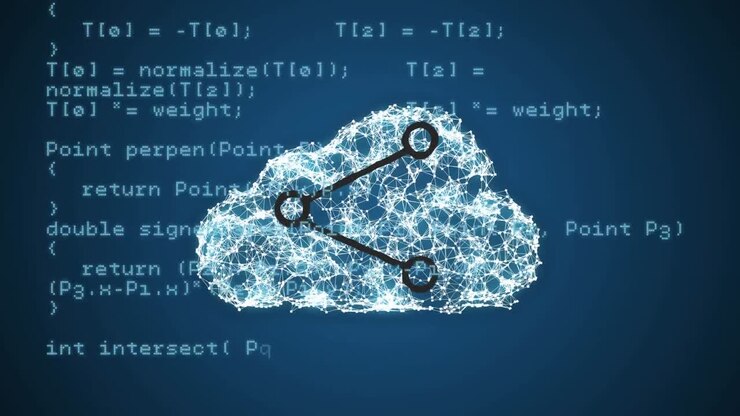 Анимация обработки данных над цифровым облаком и значком «поделиться» на синем фоне