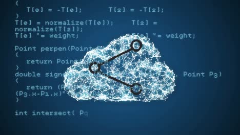 animación del procesamiento de datos a través de la nube digital y el icono de intercambio sobre fondo azul