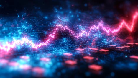 Colorful digital waveform patterns. Vibrant pink and blue lines form a pulsating digital waveform in a grid-like pattern, depicting data movement.