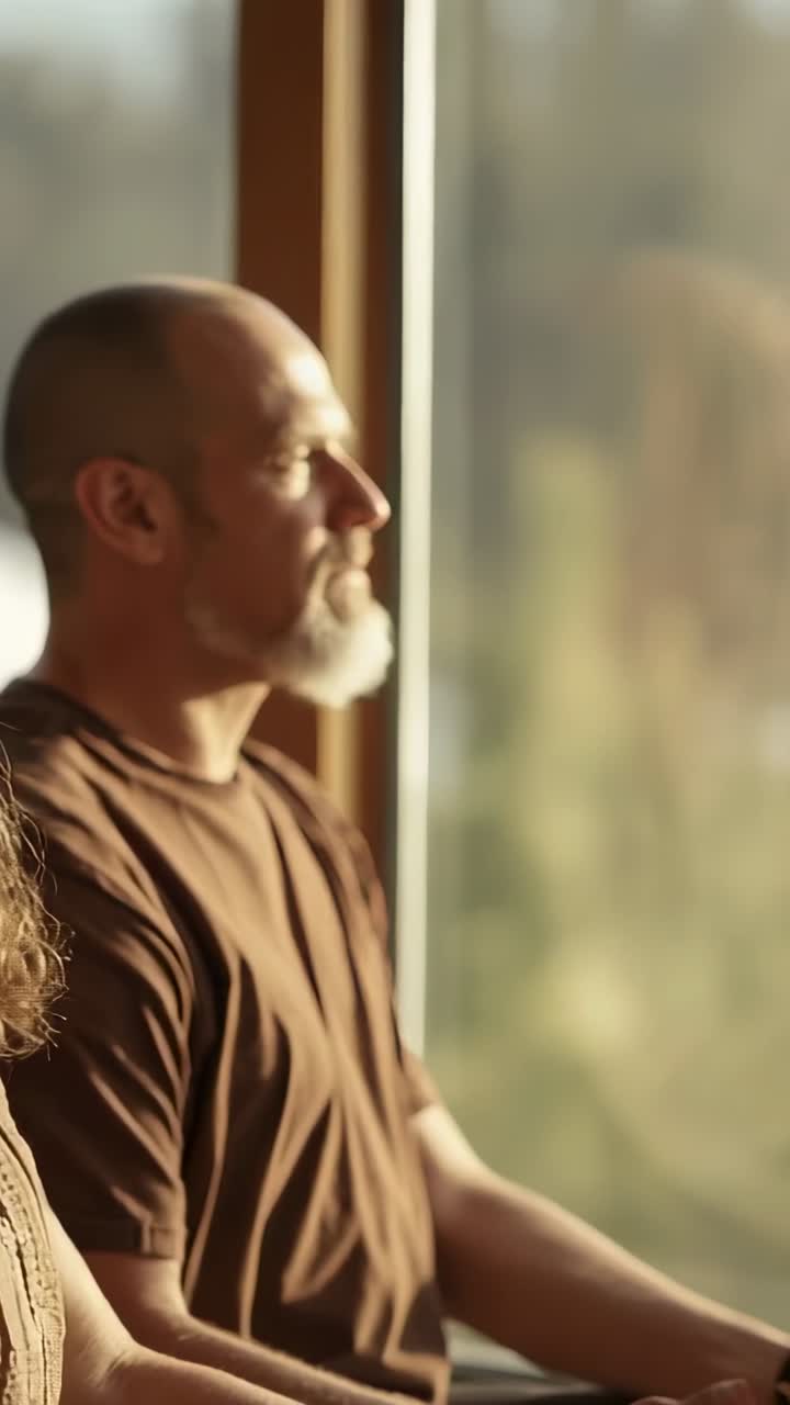 Video verticale: uomo barbuto che fissa qualcosa con sguardo perso, indossa una maglietta marrone ed è illuminato dalla luce del sole mentre guarda gli alberi attraverso la finestra di casa
