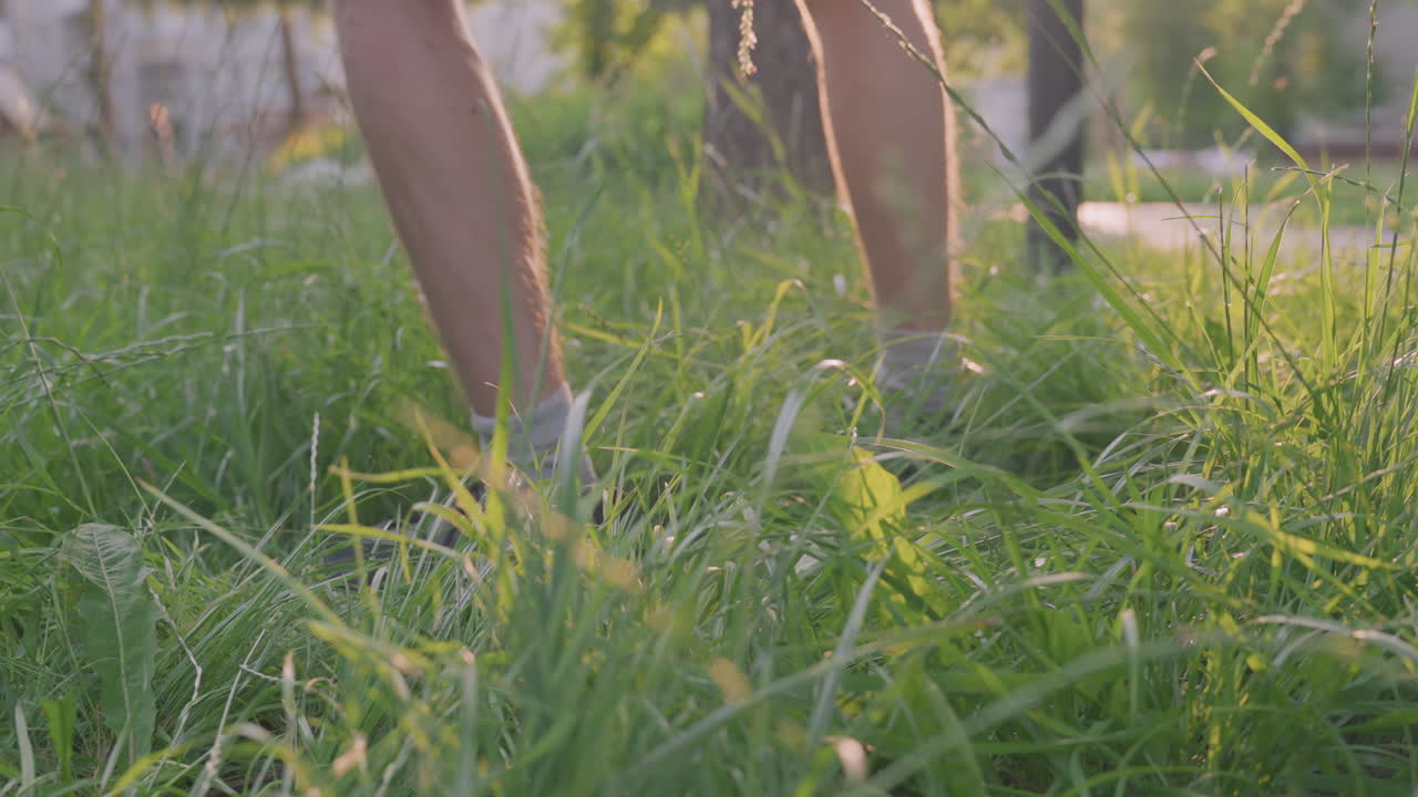 Individual Stands Up, Someone Lifts Themselves From Lush Grass, Individual Gains Footing From Leafy Park Surface At Dusk, Person Rises From Grassy Park Ground As Sunset Glow Surrounds Them