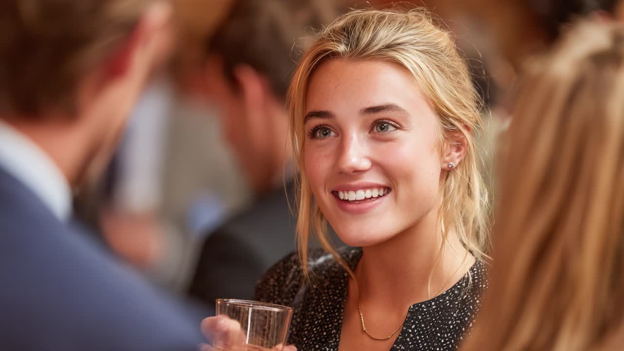 A Young Woman Engaging in joyful Conversation with Friends at an Elegant Gathering, Emanating Warmth and Charm While Holding a Drink