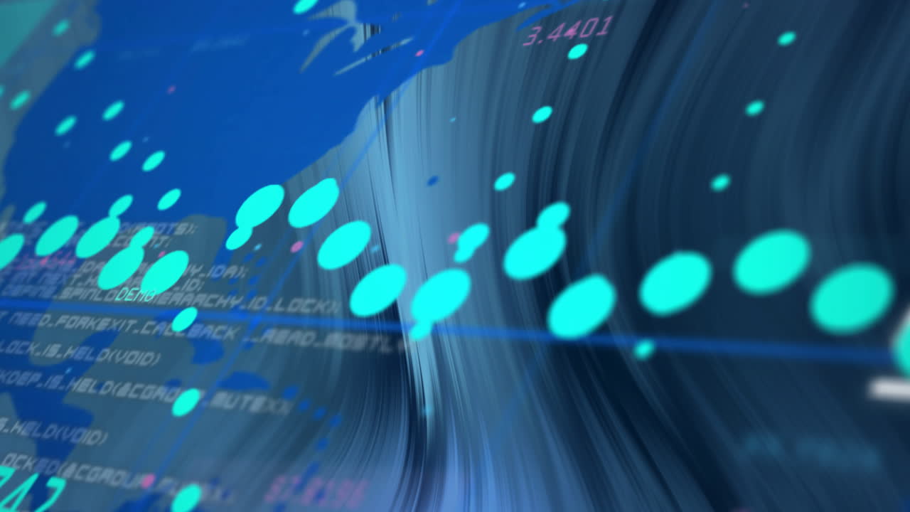 Animation of data stream processing over blue world map and swirling background