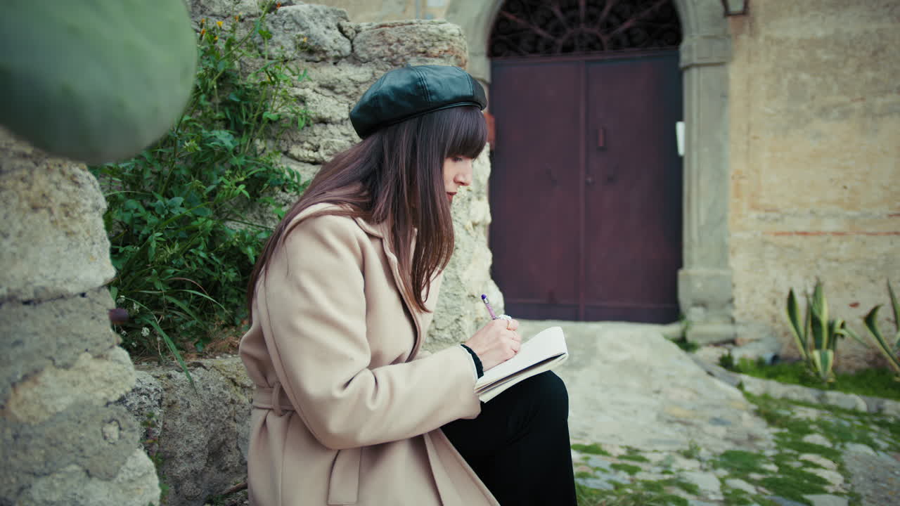 Woman Poet Writing Poems Outdoor In Her Rural Town