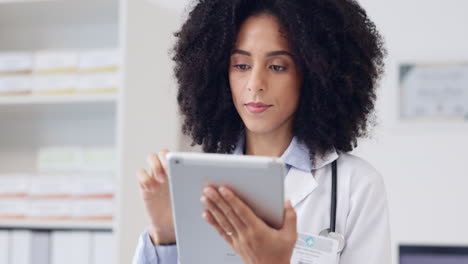serious, doctor and tablet with woman in hospital