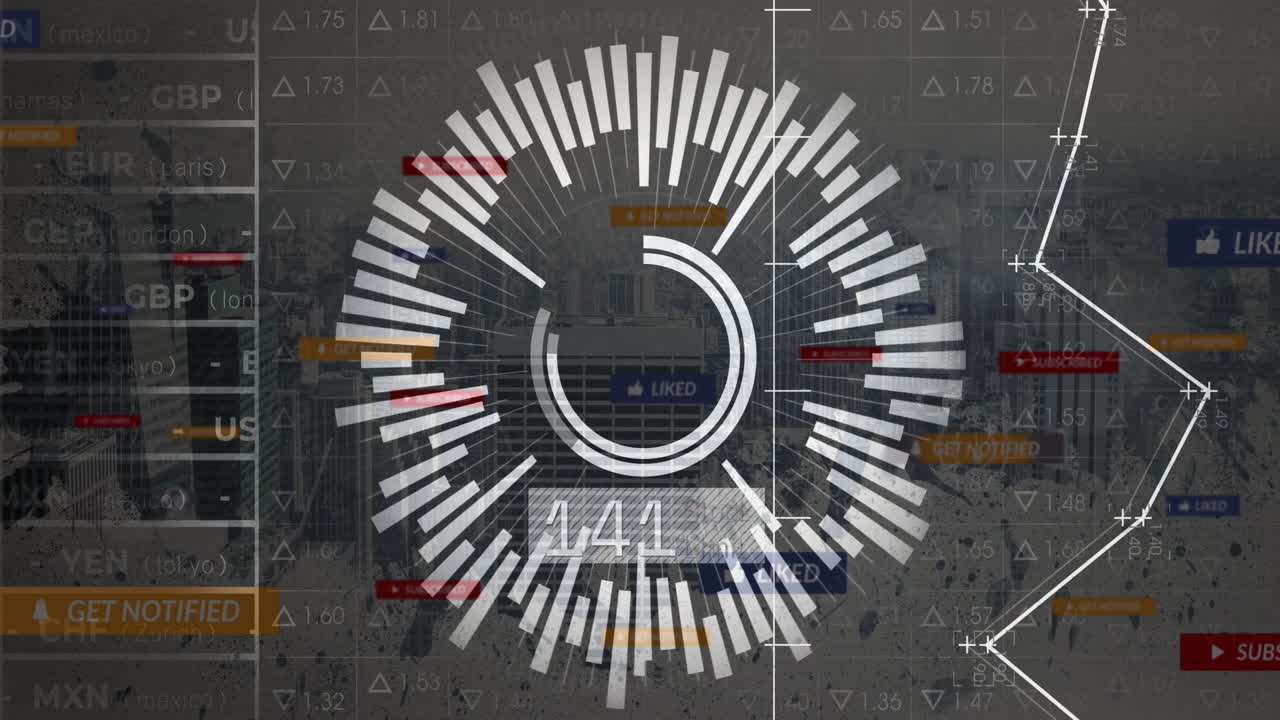 Animating circular data visualization over financial graphs with notifications appearing