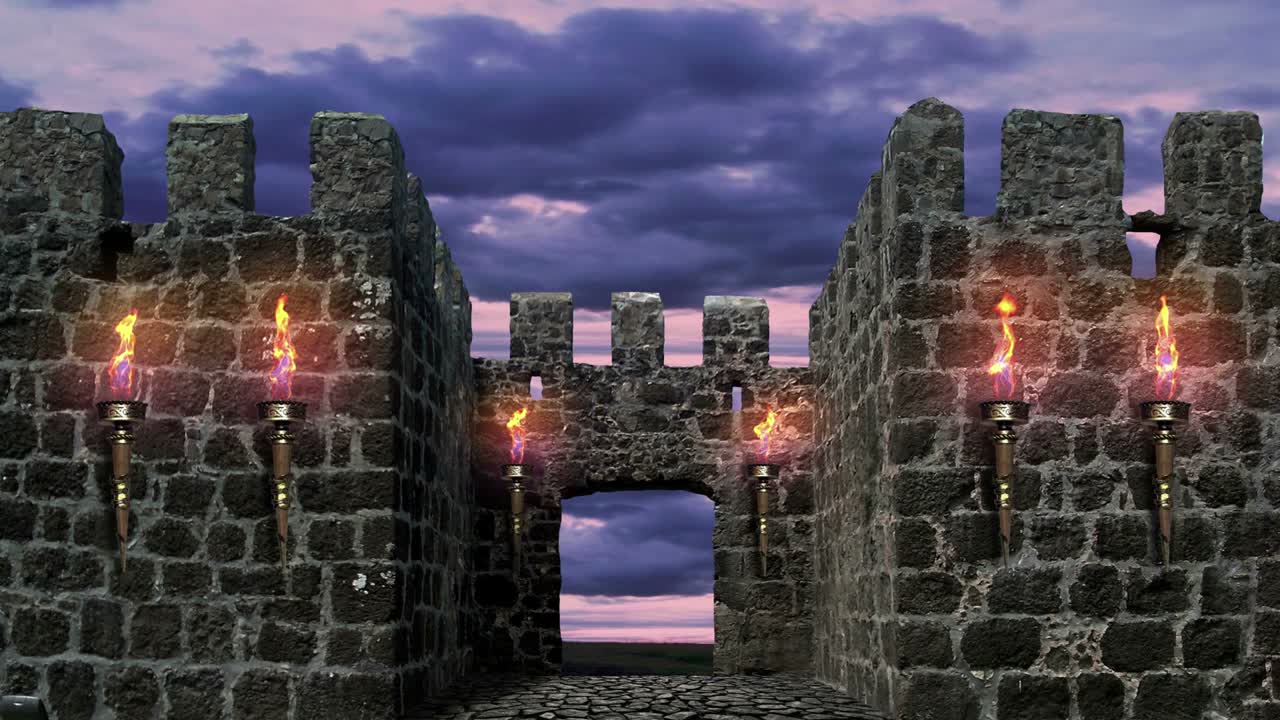 Castle with torches on the walls. Medieval stone fortress. Loop.