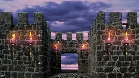 castle with torches on the walls. medieval stone fortress. loop.