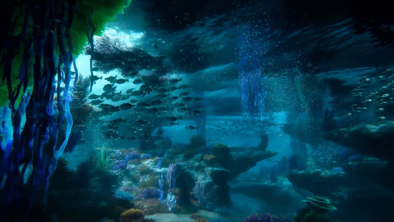 Barriera corallina dai colori vivaci con banchi di pesci e luce solare che filtra sott'acqua.