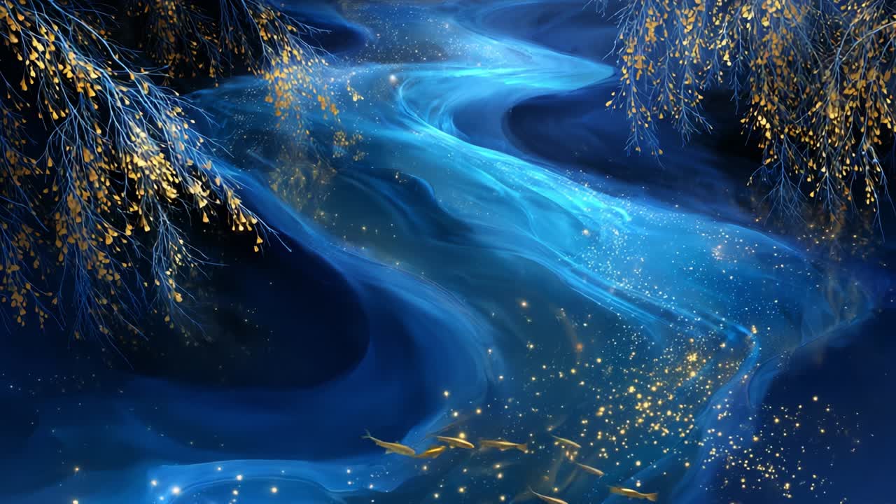 A Dreamlike Journey Through a Magical River: Enchanted Waters Flowing Under Starlit Atmosphere with Glimmers of Light and Whispers of Nature, Inviting Serenity and Reflection in an Artistic Realm