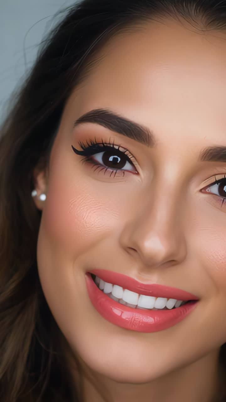 Vertical video: Smiling creator teaching makeup against grey backdrop showcasing pearl stud earring