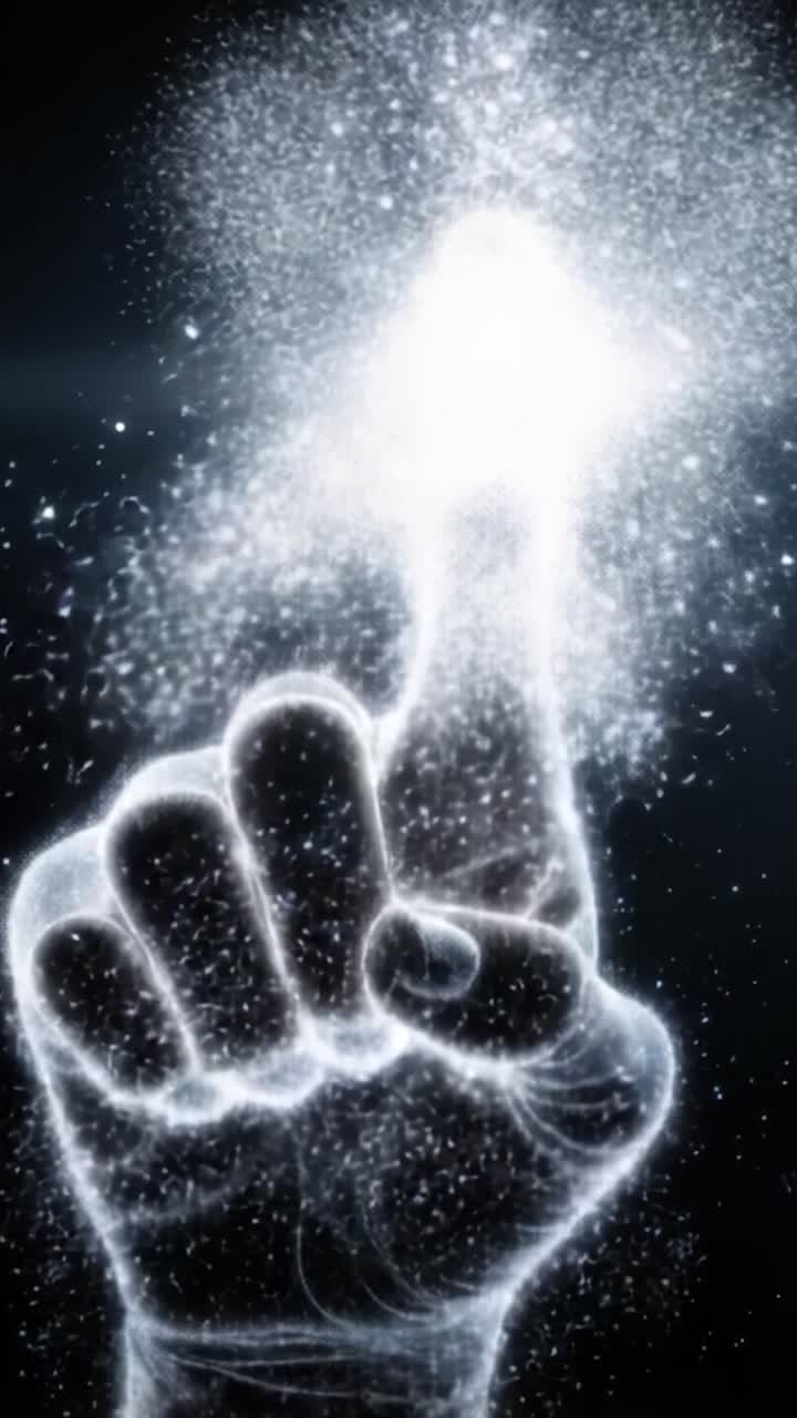 Una luz centelleante: la transformación de un gesto de mano en un símbolo luminoso, significando conexión y posibilidad a través de una exhibición luminosa de partículas.