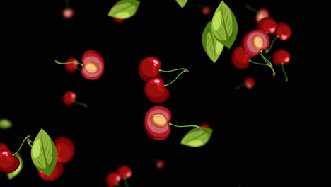 cherries and leaves falling on black background