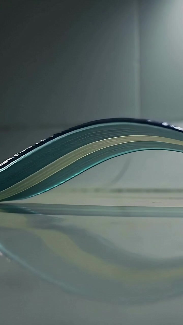 Vertical video: Forming from S-curve, ribbon strip sending wave right on glass table