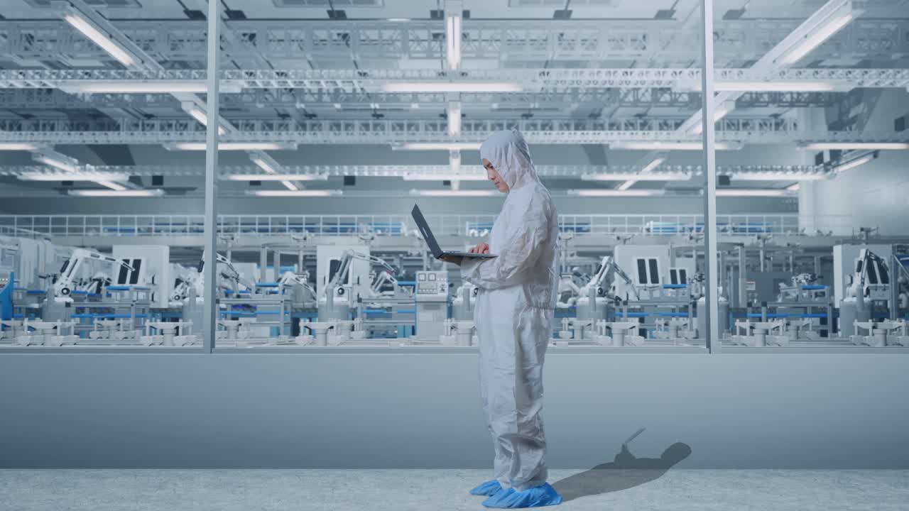 アジアの男性科学者がラップトップでタイピングしている 現代のロボット工場の研究室