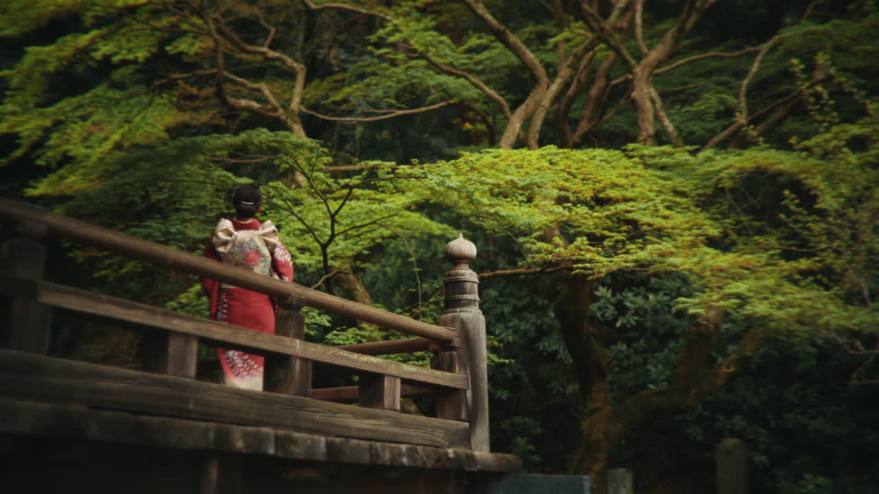 Woman in Kimono on Bridge in Japanese Garden