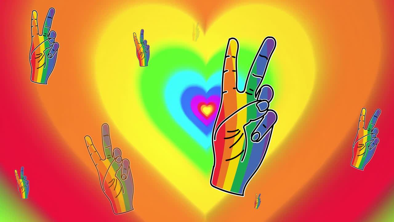 Animazione di una mano arcobaleno con gesti di vittoria e cuori color arcobaleno sullo sfondo