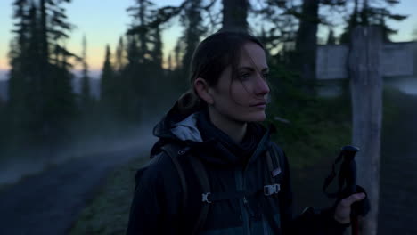 A woman hiker with a trekking pole stands on a misty forest road