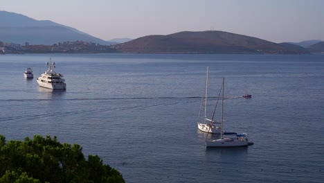 Beautiful-scenery-early-in-the-morning-at-harbor-with-parked-yachts-and-boats