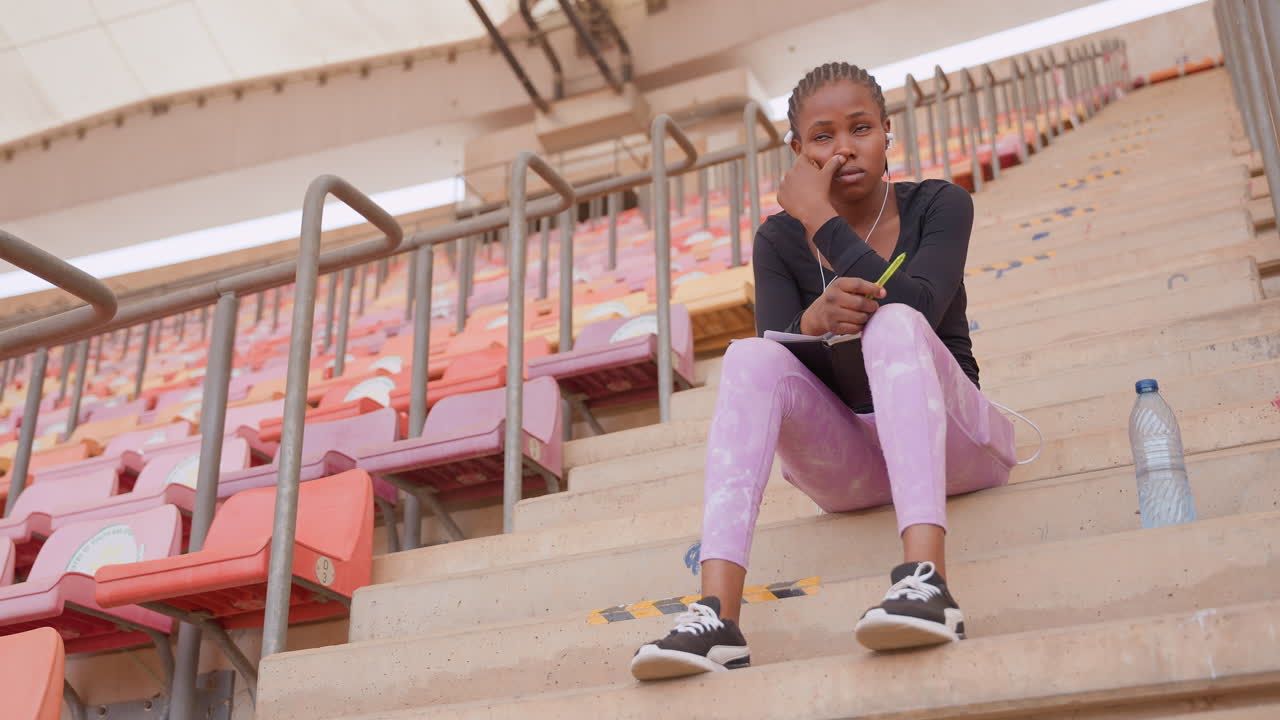 Atleta afroamericana refrescándose con agua en los escalones del estadio, escena de cuadro completo de una joven con pantalones rosas y zapatillas, botella de agua a un lado, auriculares puestos, mirada contemplativa, recuperación y bienestar.