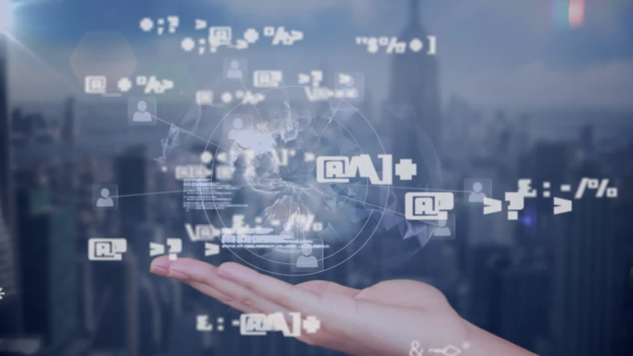 데이터 프로세싱과 지구가 도시 풍경에 대해 손을 돌리고 있습니다.