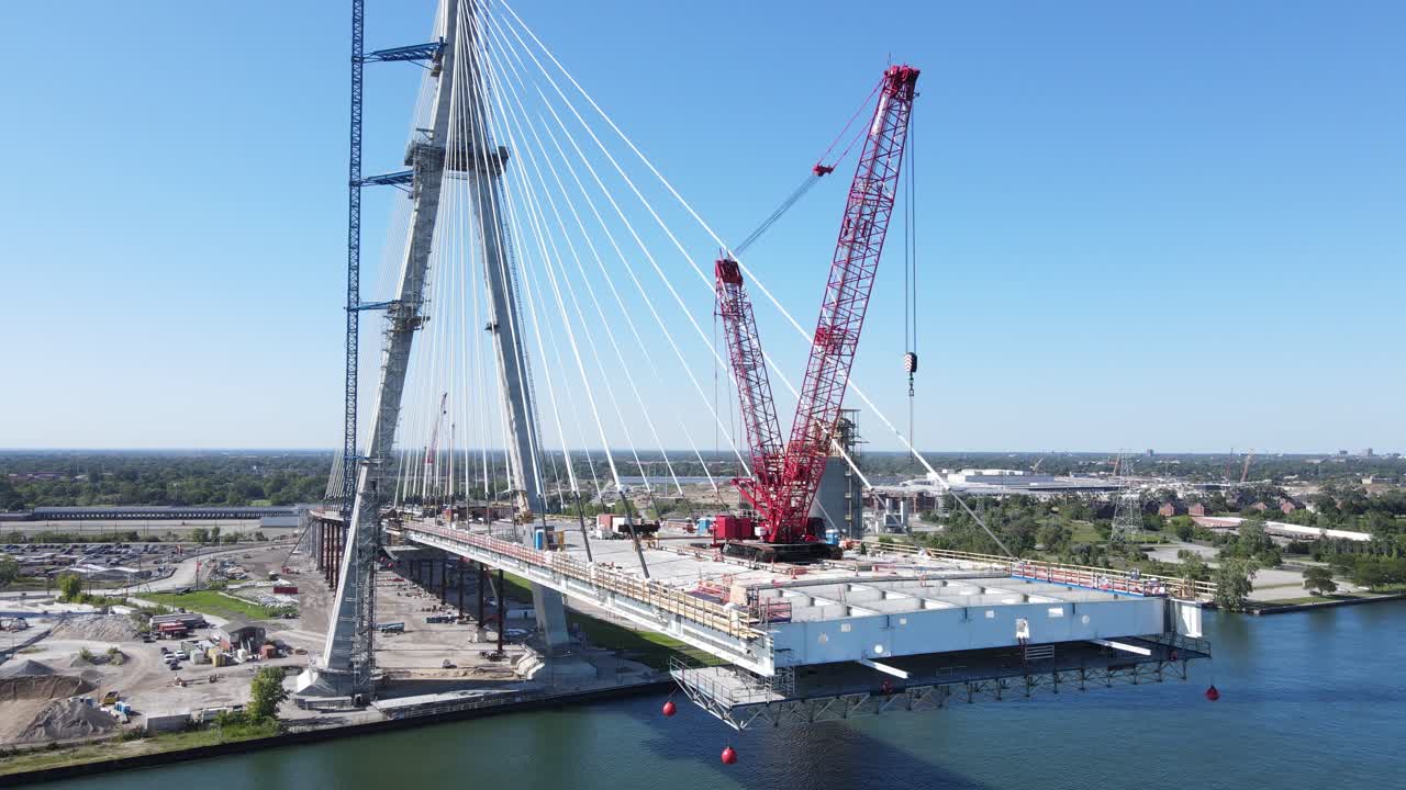 Gordie Howe international bridge being built over Detroit River, connecting the US and Canada