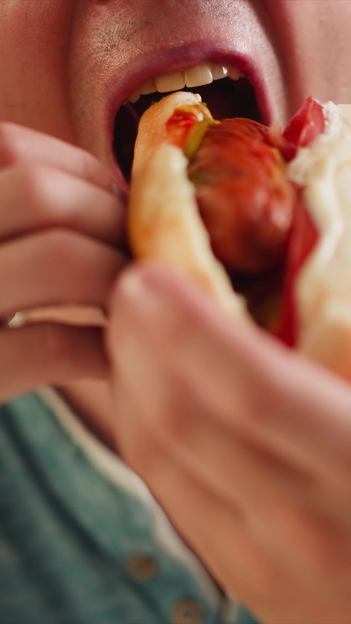 Primo piano di un uomo che mangia un hot dog con senape e ketchup. Il soggetto porta ripetutamente il cibo alla bocca, mostrando l'interazione tra mano, condimenti e dettagli della texture del panino. Illuminazione soffusa