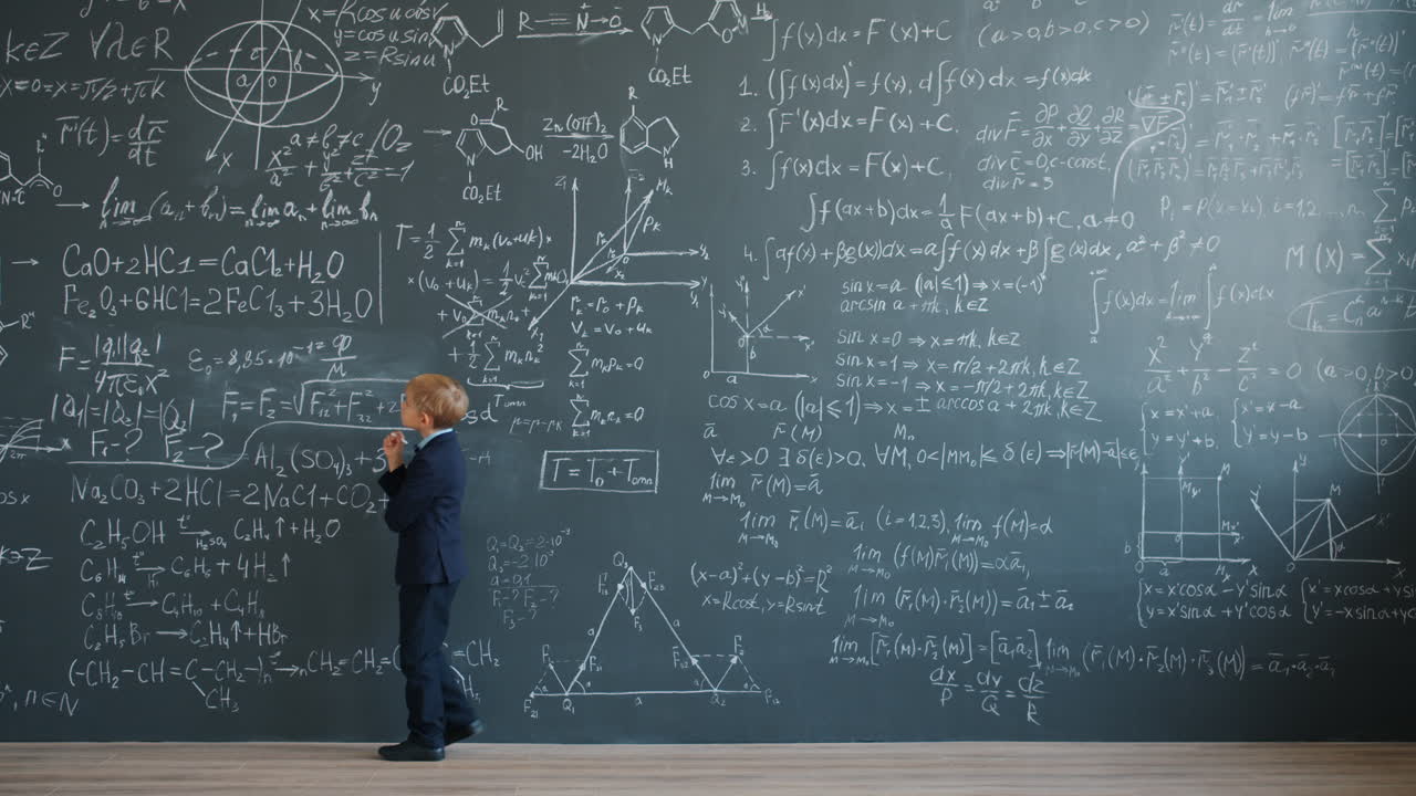Boy in a suit standing in front of a chalkboard full of equations