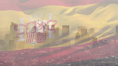 city skyline visible through translucent colors of spanish flag in animation style