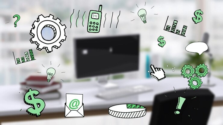 Animation of business and office icons over office