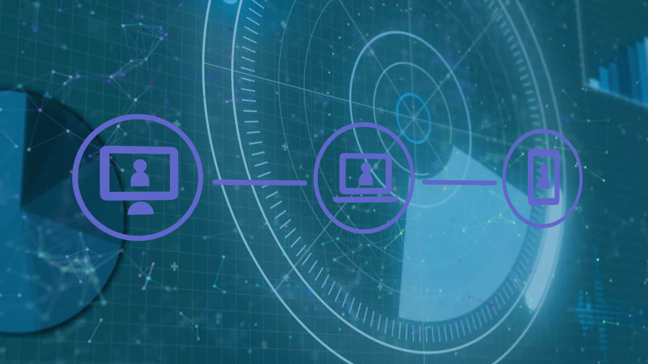 파란색 배경에 범위 스캐닝 이상 아이콘으로 연결 네트워크의 애니메이션